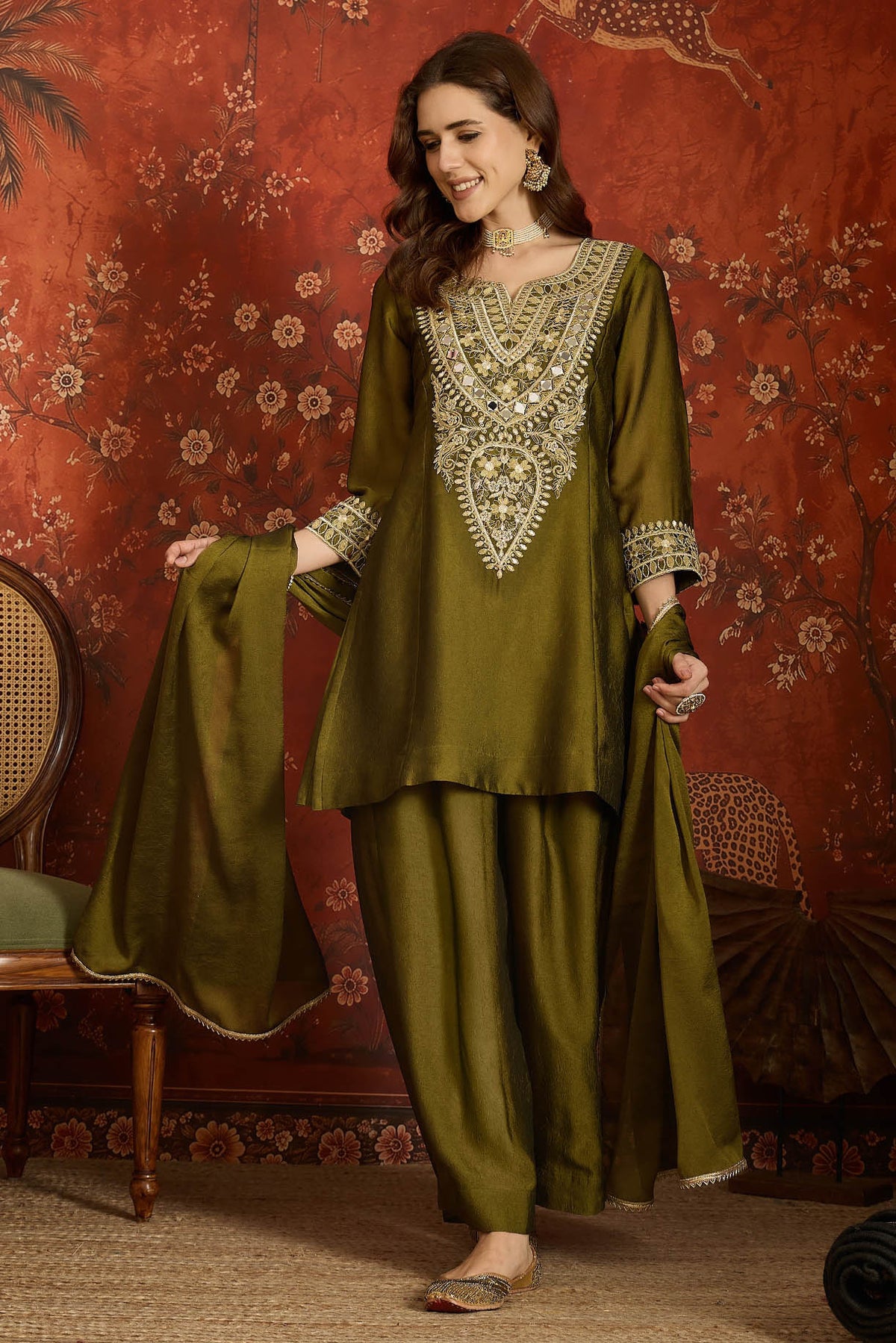 Silk Embroidery Work Palazzo Pant Suit In Green Colour