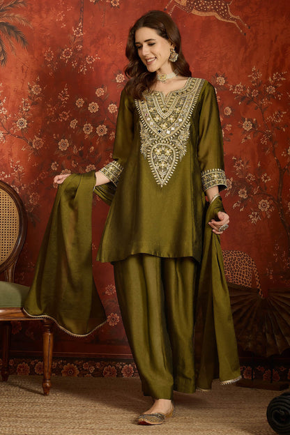 Silk Embroidery Work Palazzo Pant Suit In Green Colour