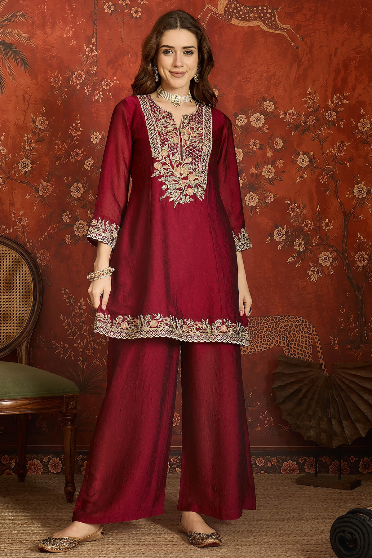 Silk Embroidery Work Palazzo Pant Suit In Maroon Colour