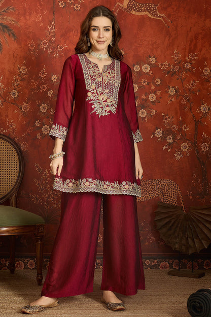 Silk Embroidery Work Palazzo Pant Suit In Maroon Colour