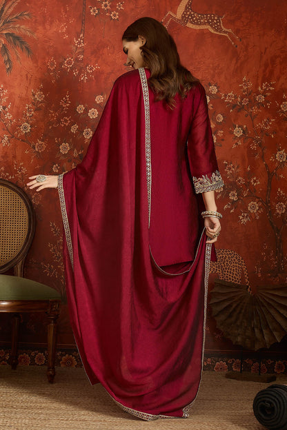 Silk Embroidery Work Palazzo Pant Suit In Maroon Colour