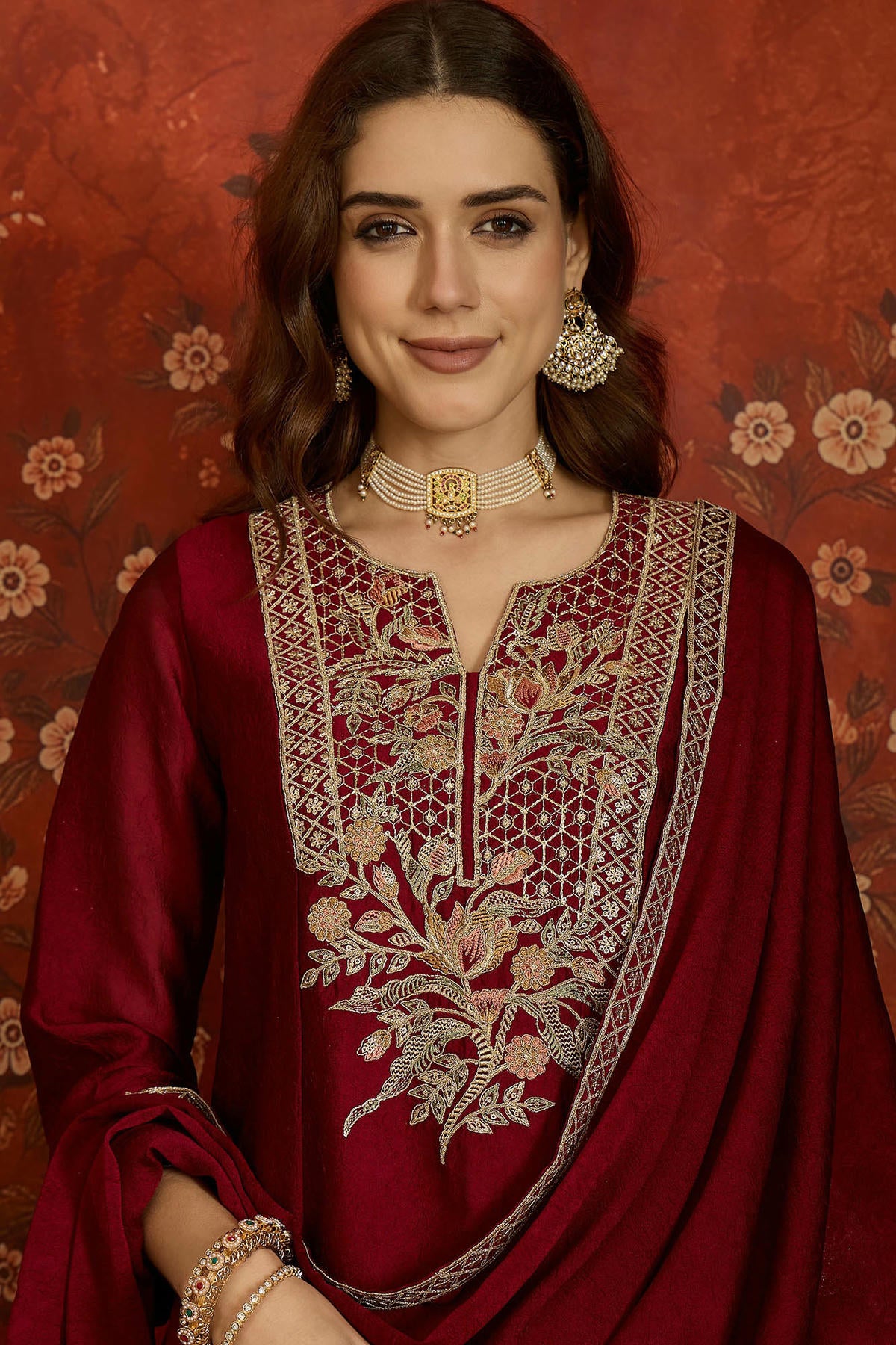 Silk Embroidery Work Palazzo Pant Suit In Maroon Colour