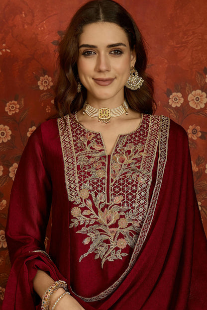 Silk Embroidery Work Palazzo Pant Suit In Maroon Colour