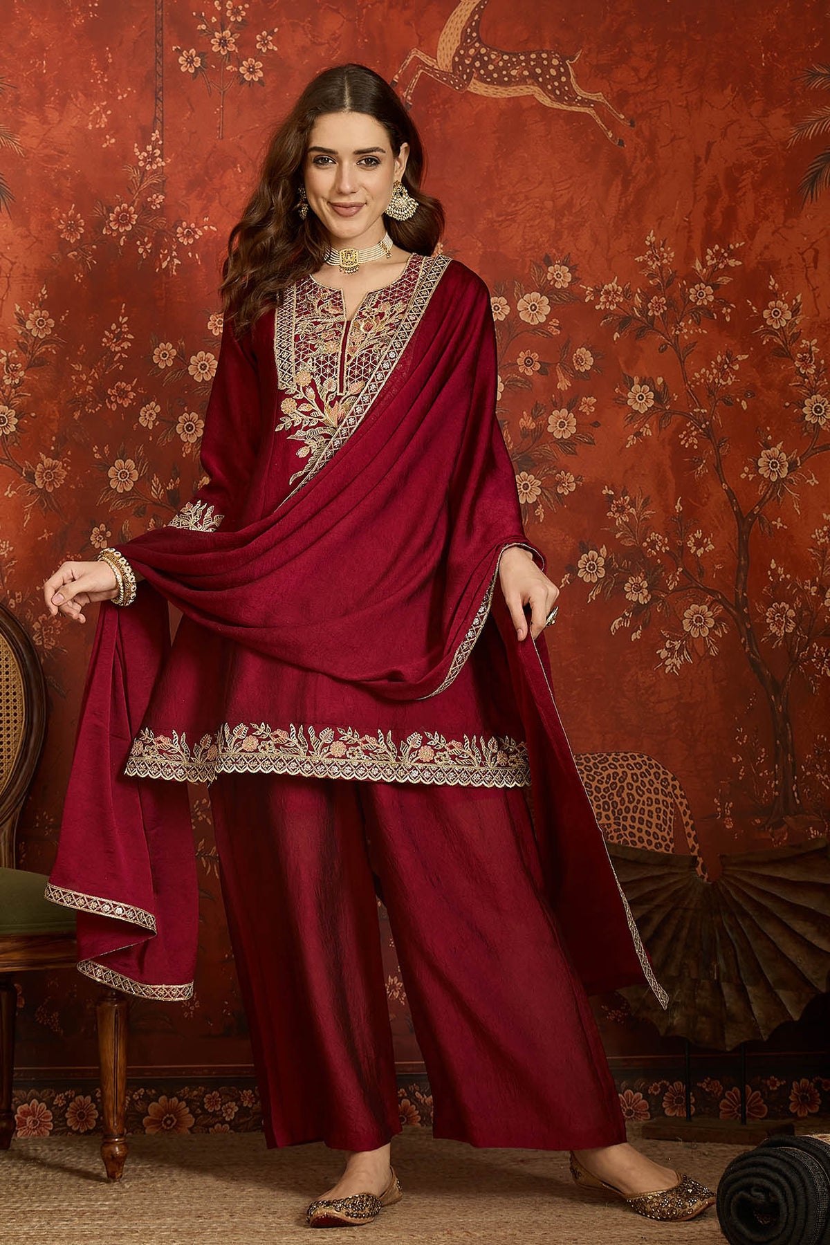 Silk Embroidery Work Palazzo Pant Suit In Maroon Colour
