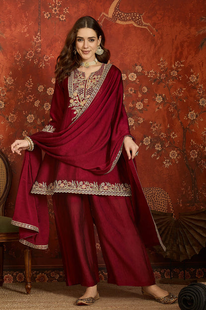 Silk Embroidery Work Palazzo Pant Suit In Maroon Colour