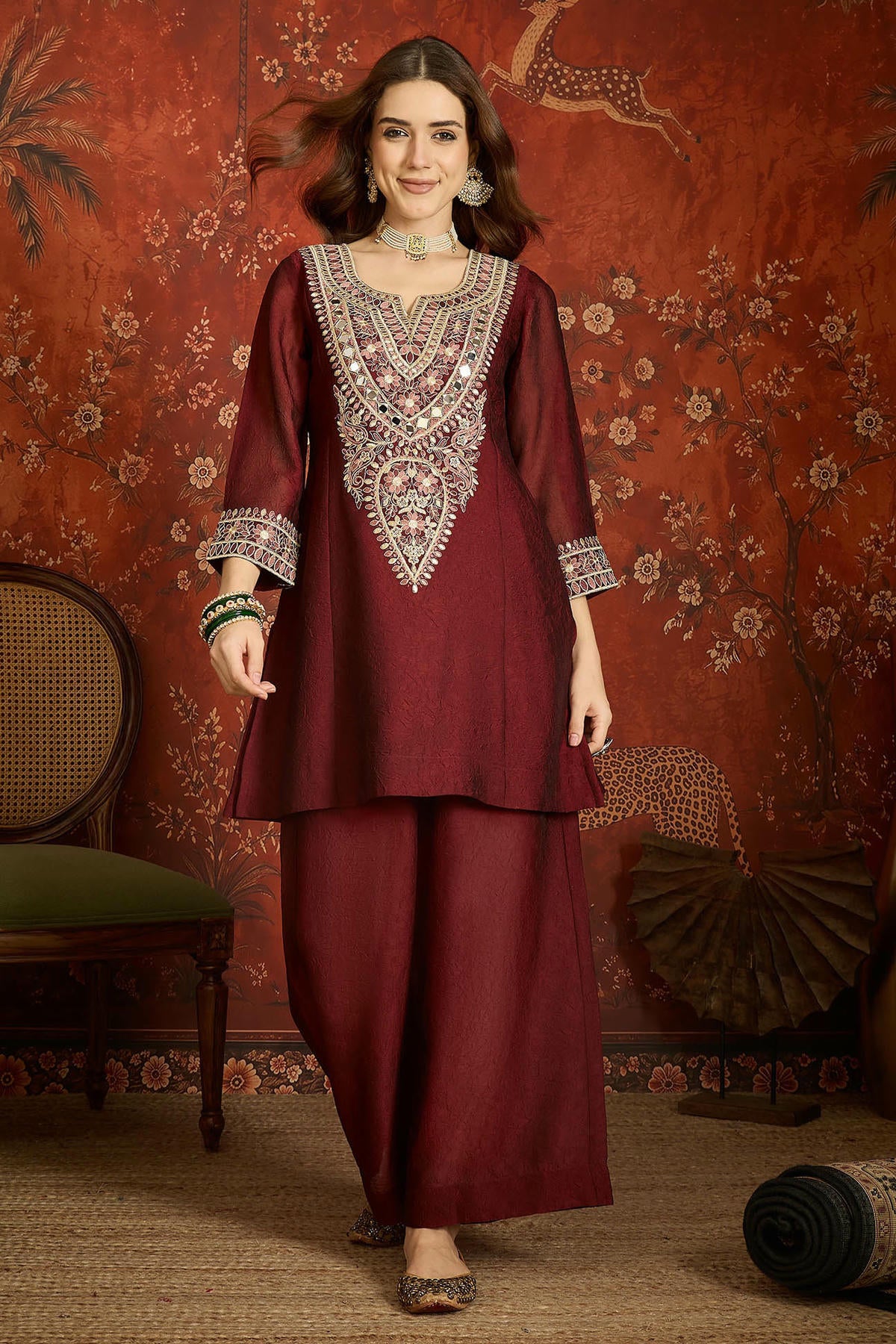 Silk Embroidery Work Palazzo Pant Suit In Maroon Colour