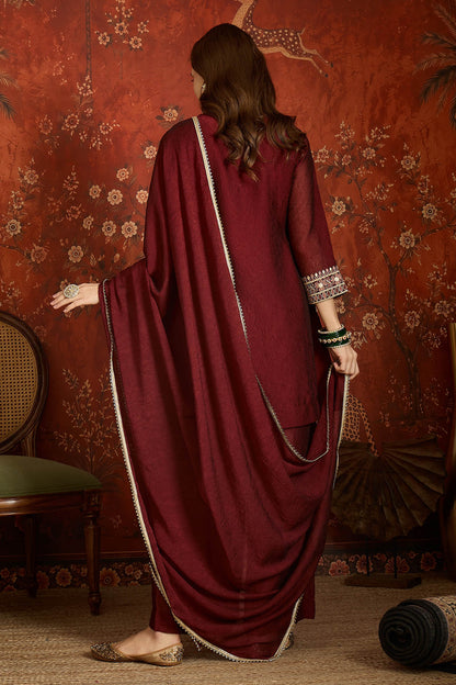Silk Embroidery Work Palazzo Pant Suit In Maroon Colour