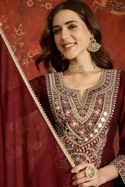 Silk Embroidery Work Palazzo Pant Suit In Maroon Colour
