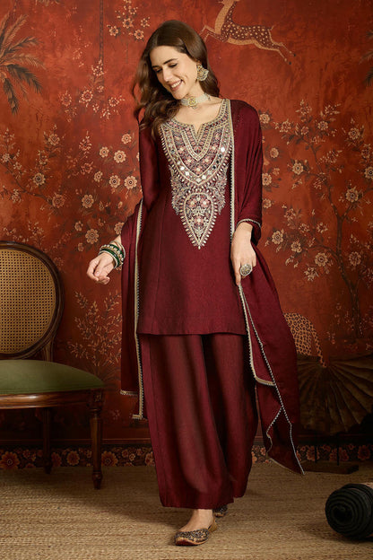 Silk Embroidery Work Palazzo Pant Suit In Maroon Colour