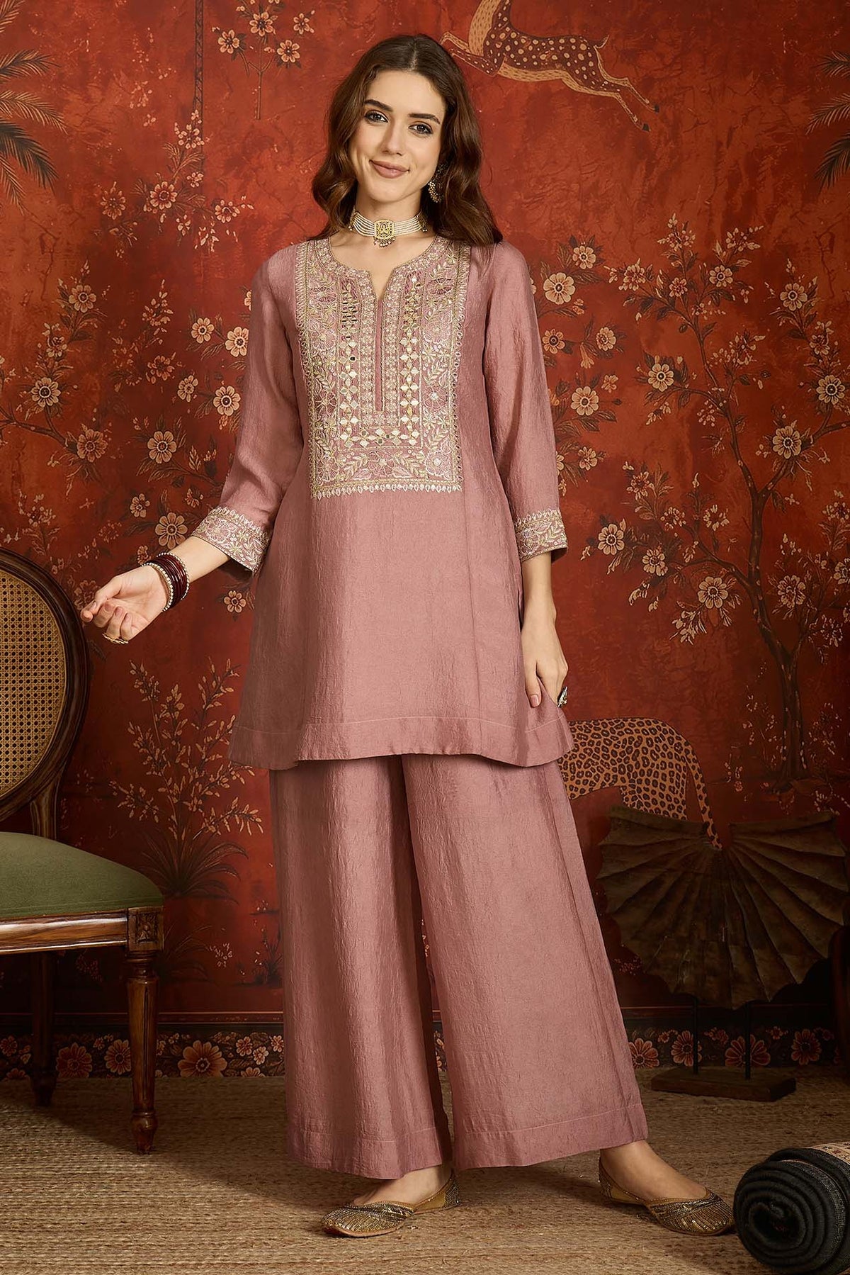 Silk Embroidery Work Palazzo Pant Suit In Mauve Colour