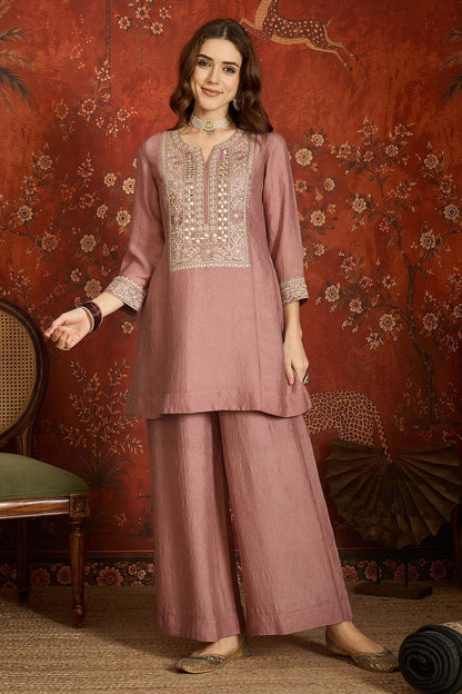 Silk Embroidery Work Palazzo Pant Suit In Mauve Colour