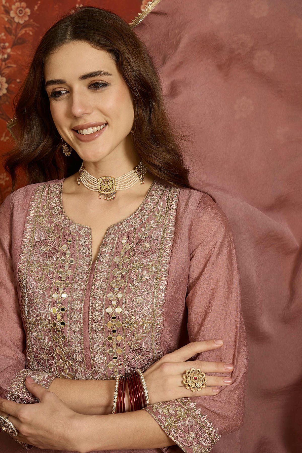 Silk Embroidery Work Palazzo Pant Suit In Mauve Colour