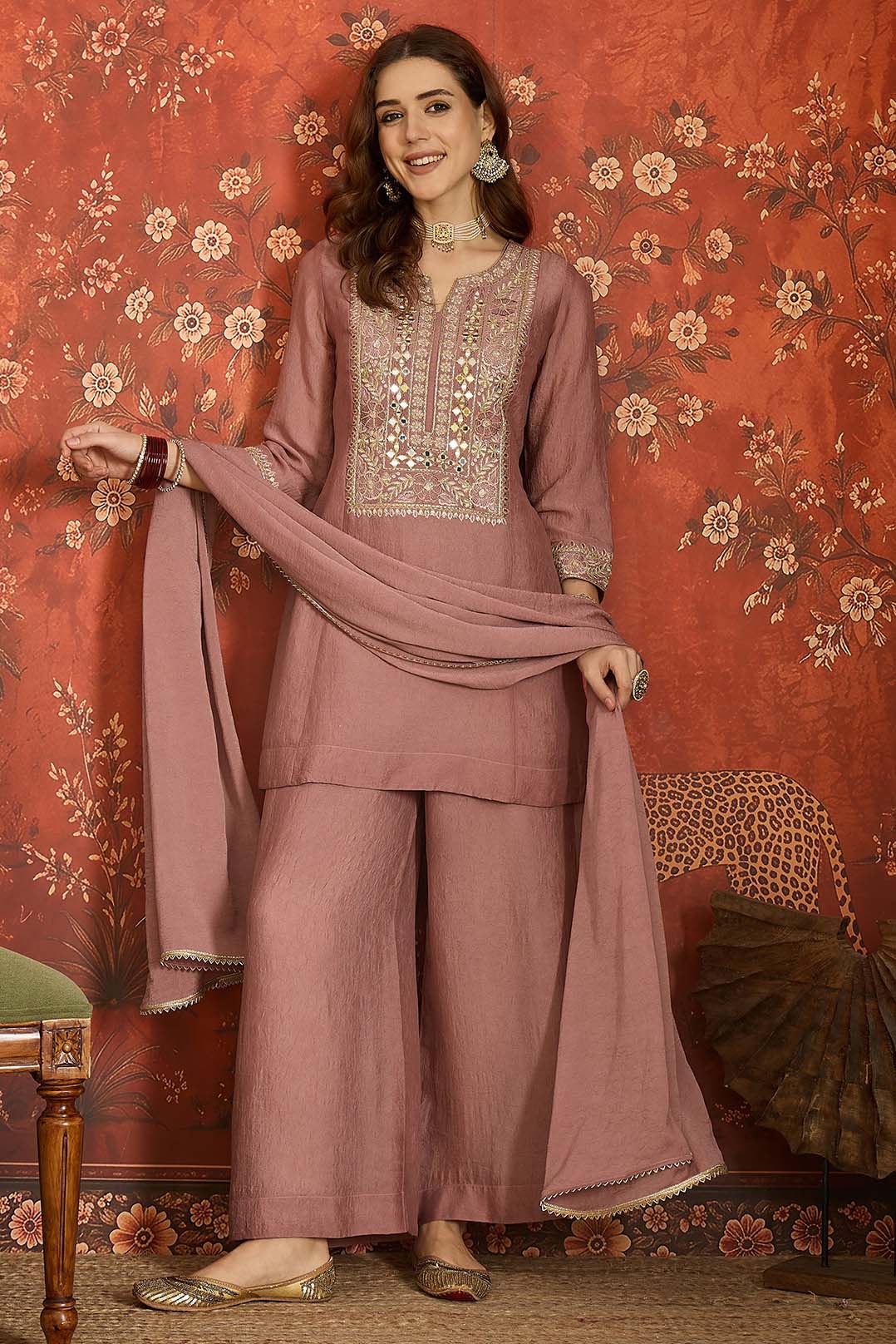 Silk Embroidery Work Palazzo Pant Suit In Mauve Colour
