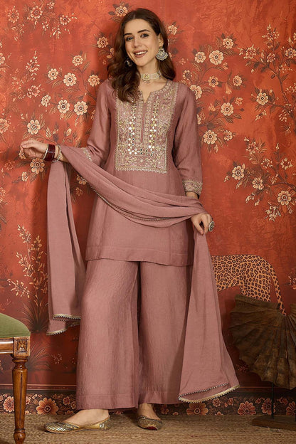 Silk Embroidery Work Palazzo Pant Suit In Mauve Colour
