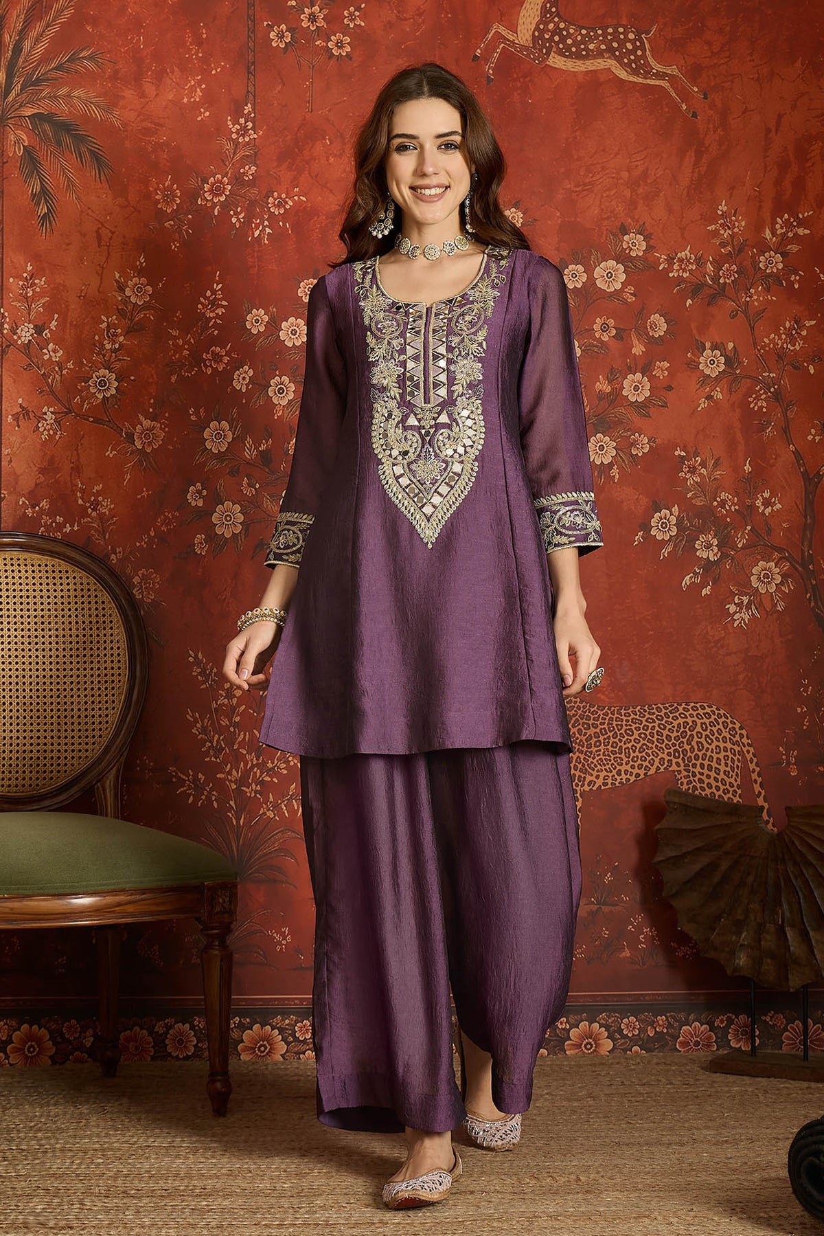 Silk Embroidery Work Palazzo Pant Suit In Purple Colour