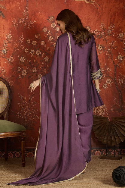 Silk Embroidery Work Palazzo Pant Suit In Purple Colour