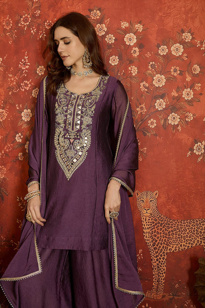 Silk Embroidery Work Palazzo Pant Suit In Purple Colour