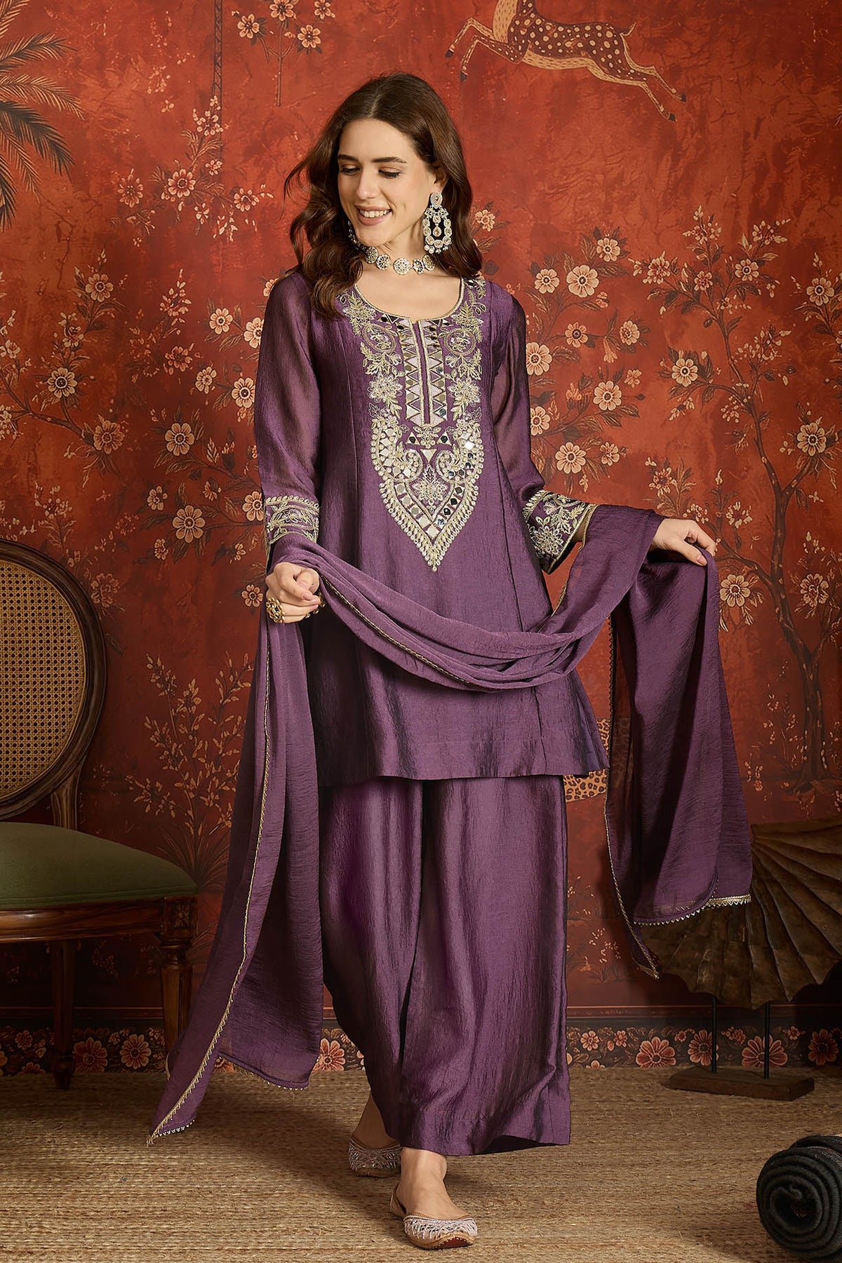Silk Embroidery Work Palazzo Pant Suit In Purple Colour