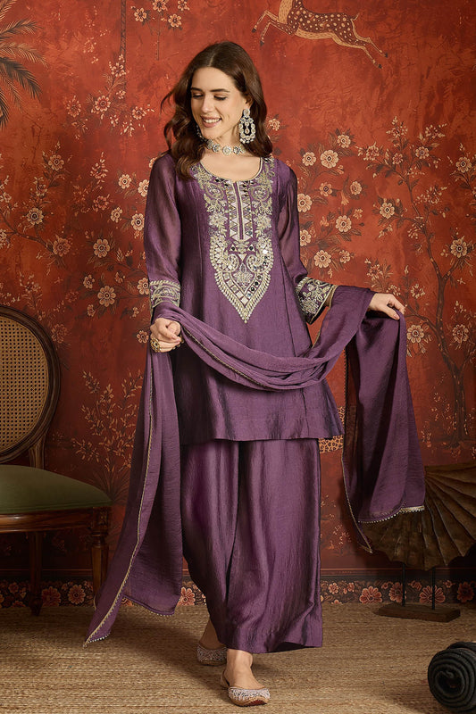 Silk Embroidery Work Palazzo Pant Suit In Purple Colour