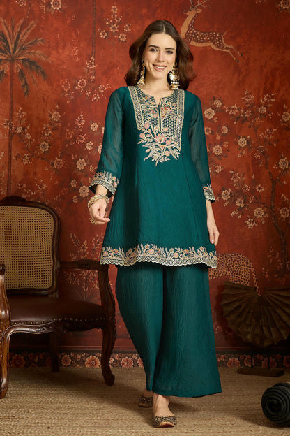 Silk Embroidery Work Palazzo Pant Suit In Rama Green Colour