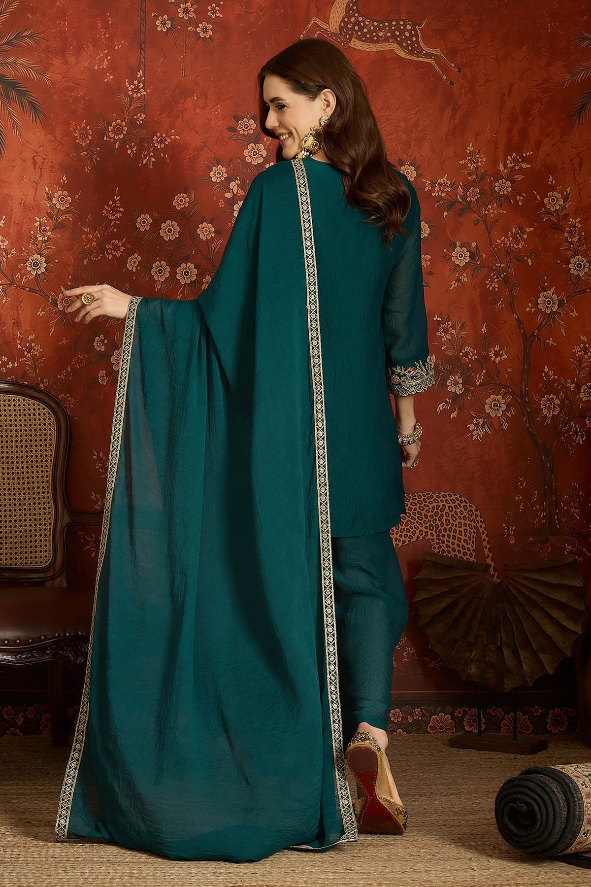 Silk Embroidery Work Palazzo Pant Suit In Rama Green Colour