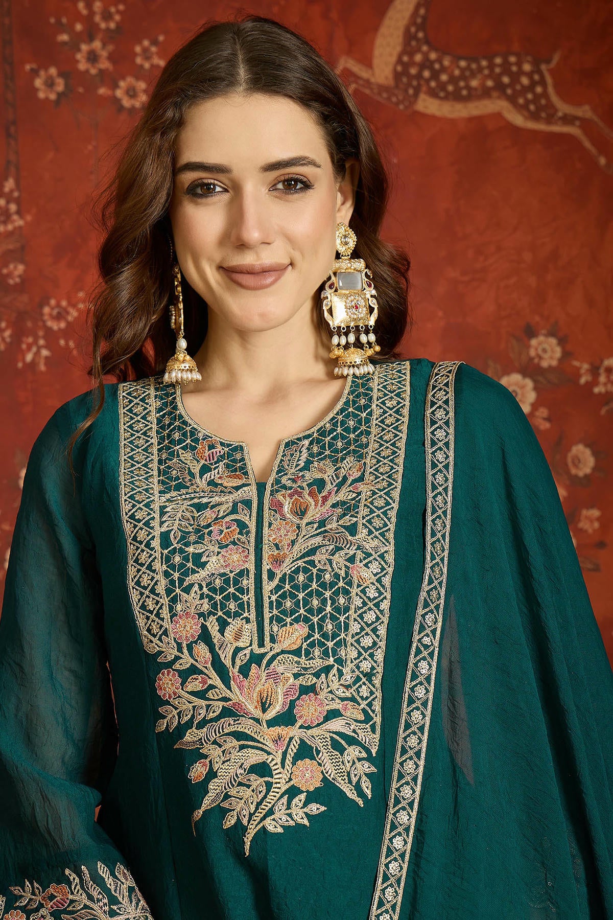 Silk Embroidery Work Palazzo Pant Suit In Rama Green Colour
