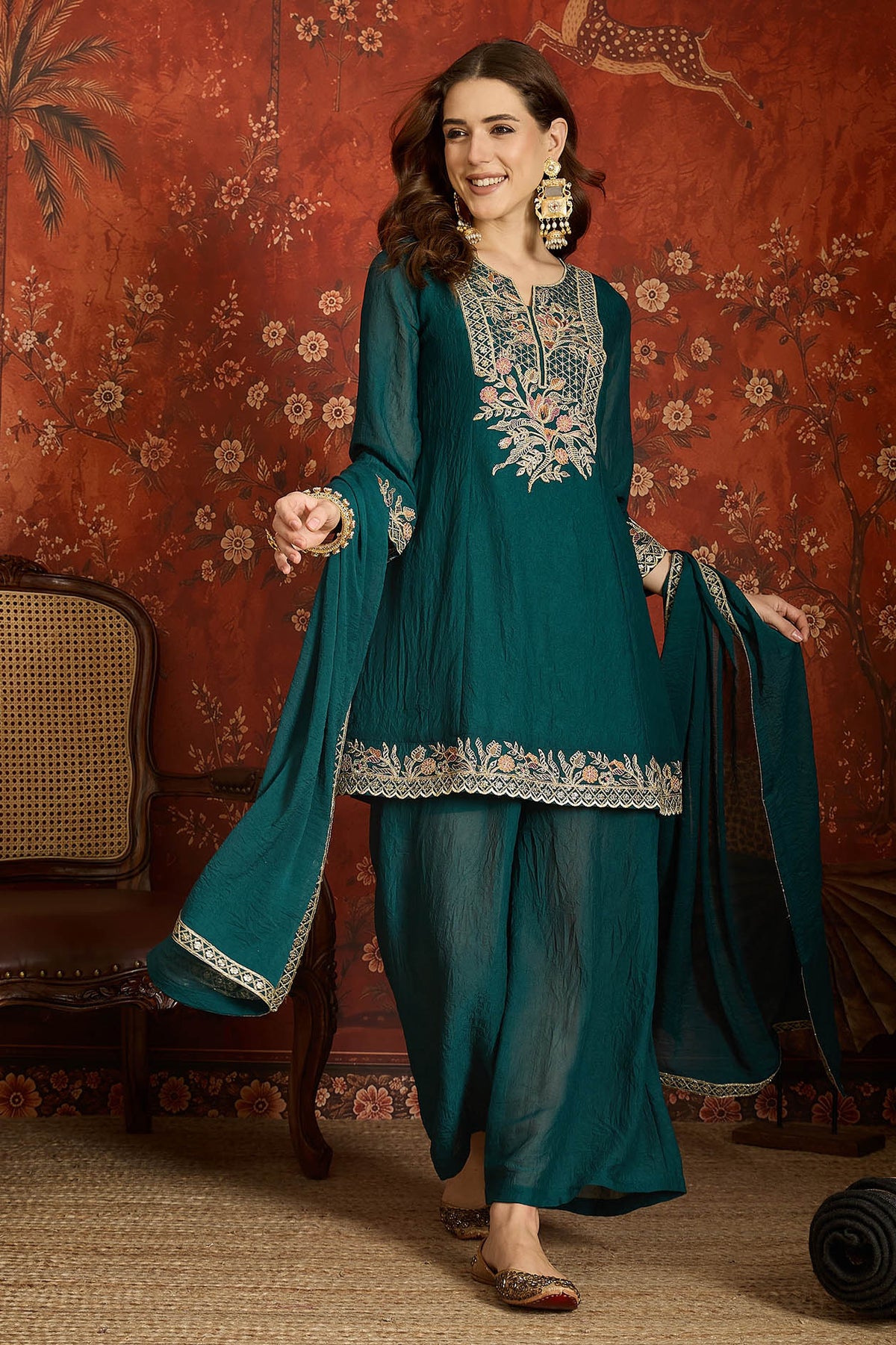 Silk Embroidery Work Palazzo Pant Suit In Rama Green Colour
