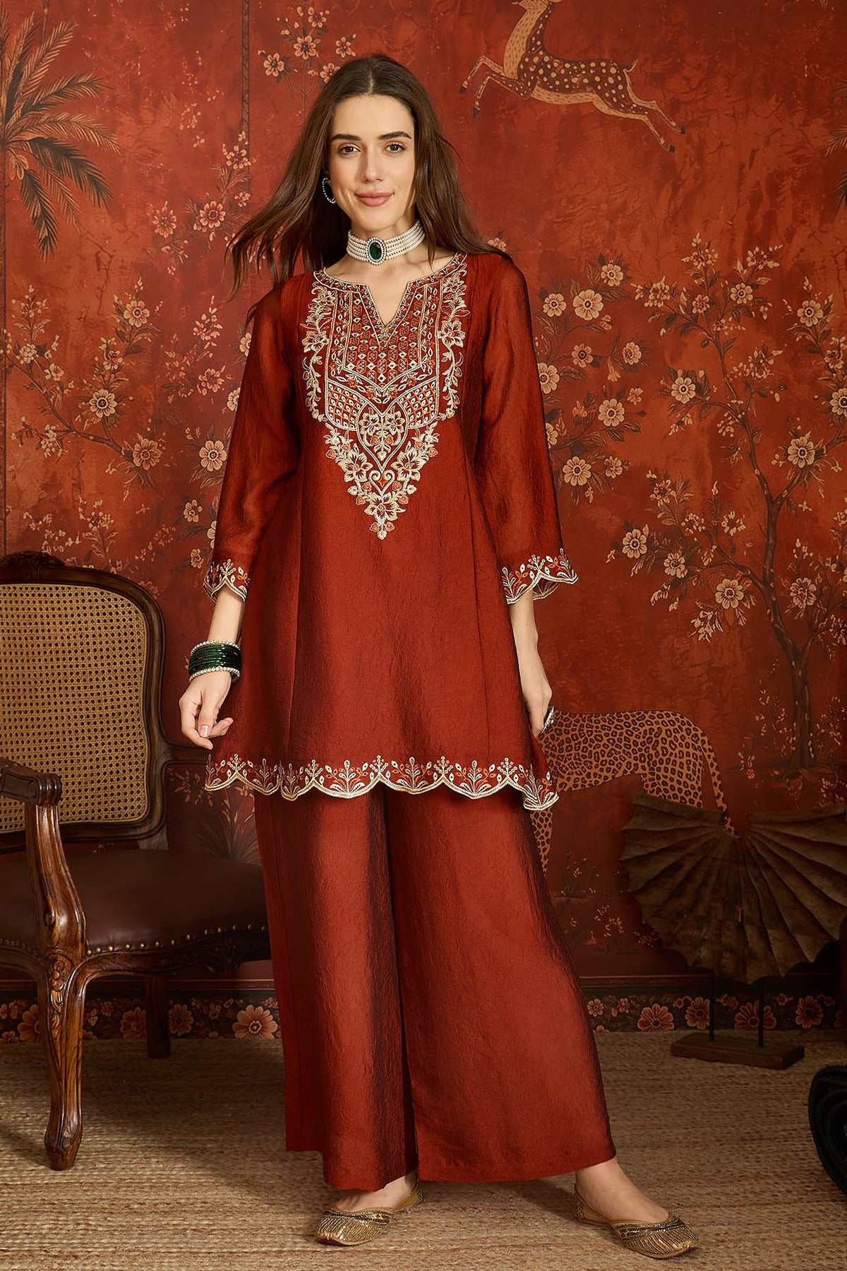 Silk Embroidery Work Palazzo Pant Suit In Rust Colour