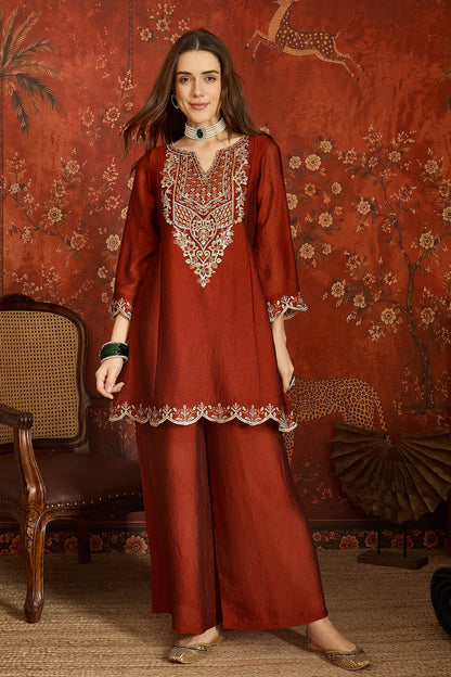 Silk Embroidery Work Palazzo Pant Suit In Rust Colour