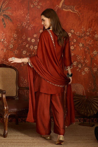 Silk Embroidery Work Palazzo Pant Suit In Rust Colour