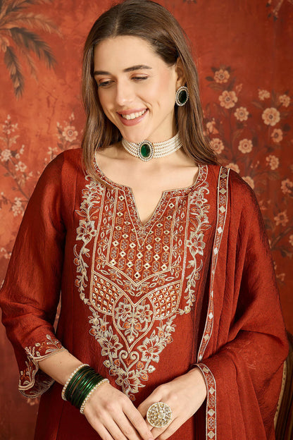 Silk Embroidery Work Palazzo Pant Suit In Rust Colour