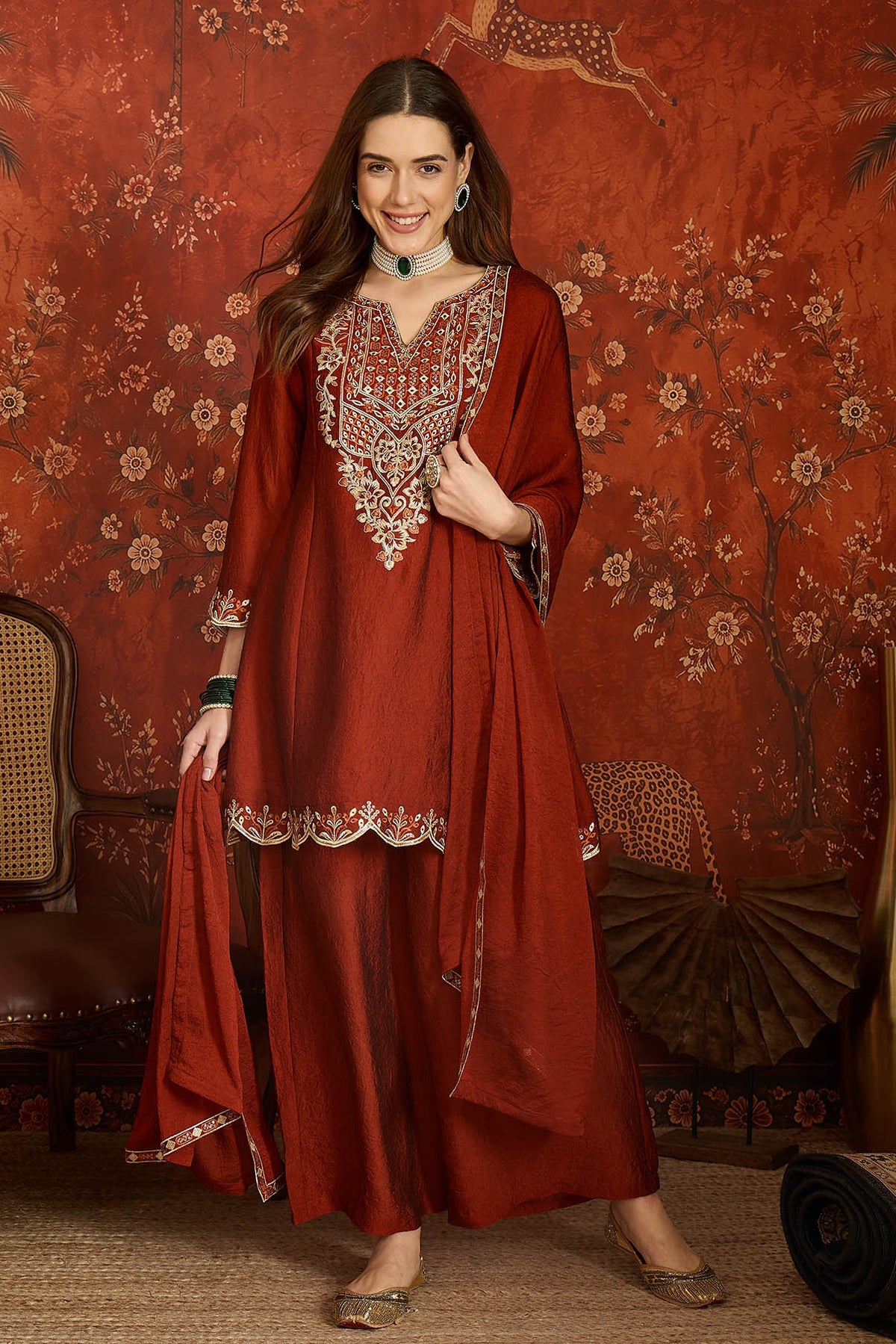 Silk Embroidery Work Palazzo Pant Suit In Rust Colour