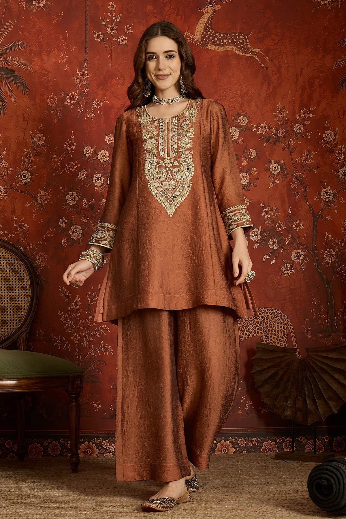 Silk Embroidery Work Palazzo Pant Suit In Rust Colour