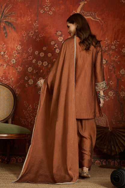 Silk Embroidery Work Palazzo Pant Suit In Rust Colour