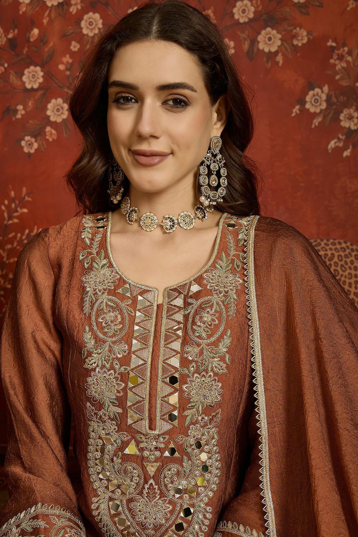 Silk Embroidery Work Palazzo Pant Suit In Rust Colour