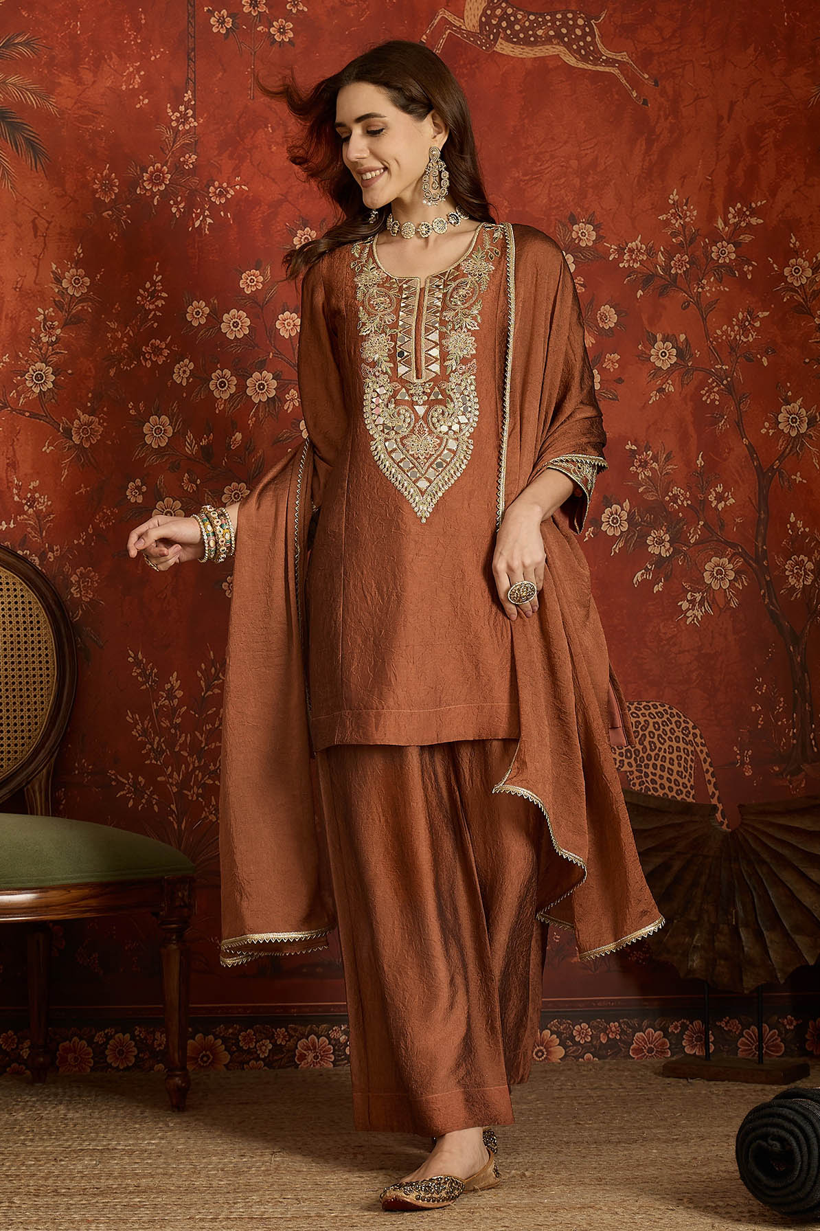 Silk Embroidery Work Palazzo Pant Suit In Rust Colour