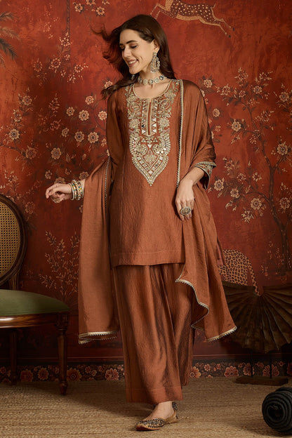 Silk Embroidery Work Palazzo Pant Suit In Rust Colour