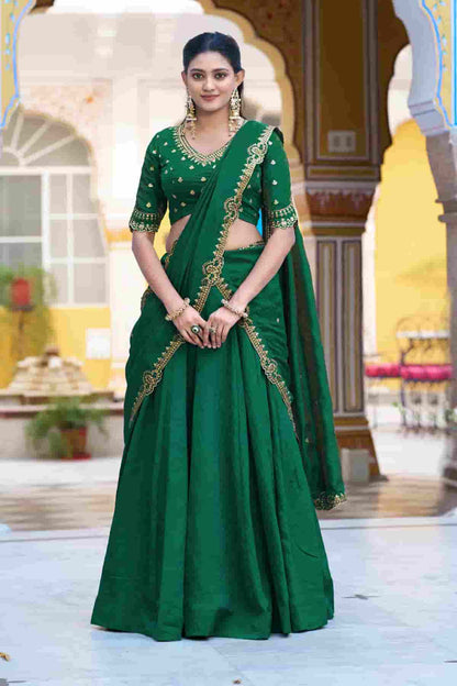 Silk Zari Woven Work Lehenga Choli In Green Colour