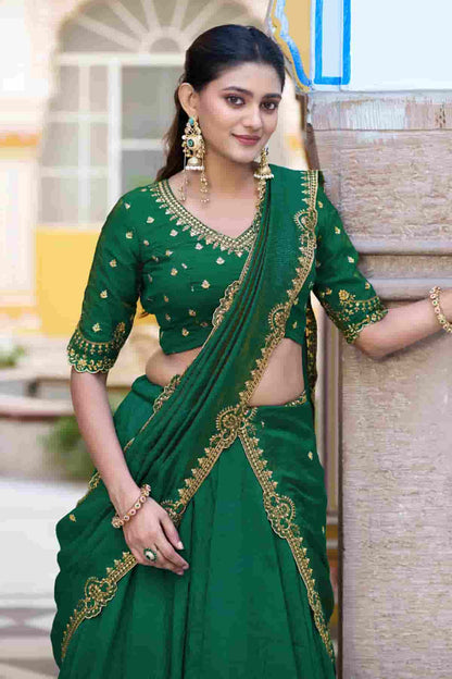 Silk Zari Woven Work Lehenga Choli In Green Colour