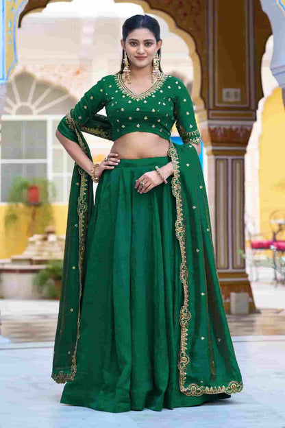 Silk Zari Woven Work Lehenga Choli In Green Colour