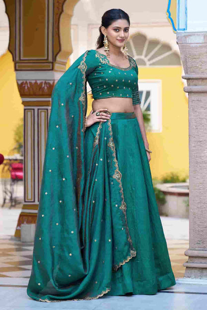 Silk Zari Woven Work Lehenga Choli In Rama Green Colour