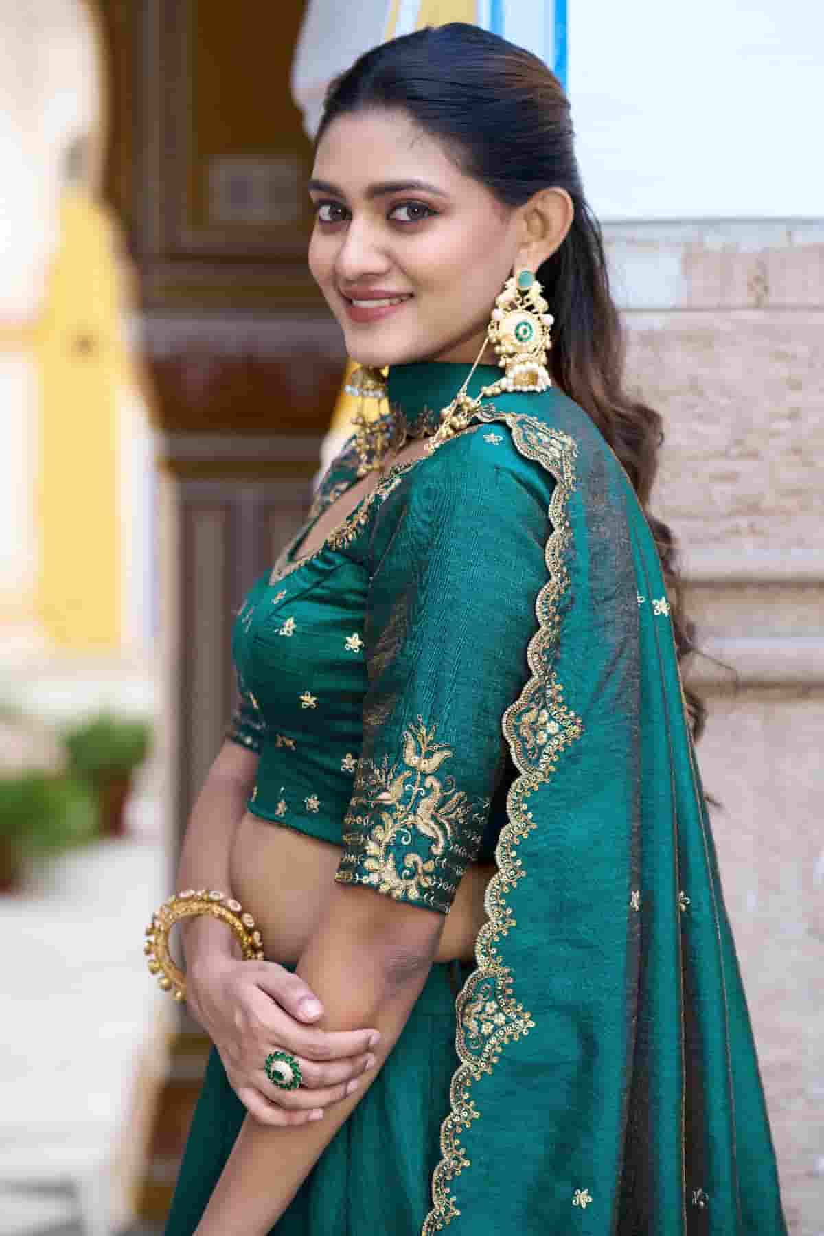 Silk Zari Woven Work Lehenga Choli In Rama Green Colour