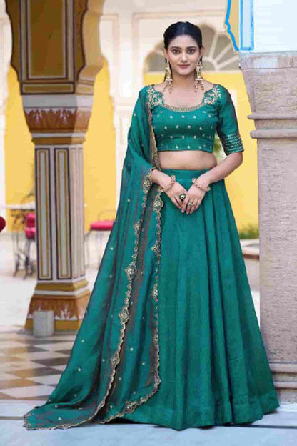 Silk Zari Woven Work Lehenga Choli In Rama Green Colour
