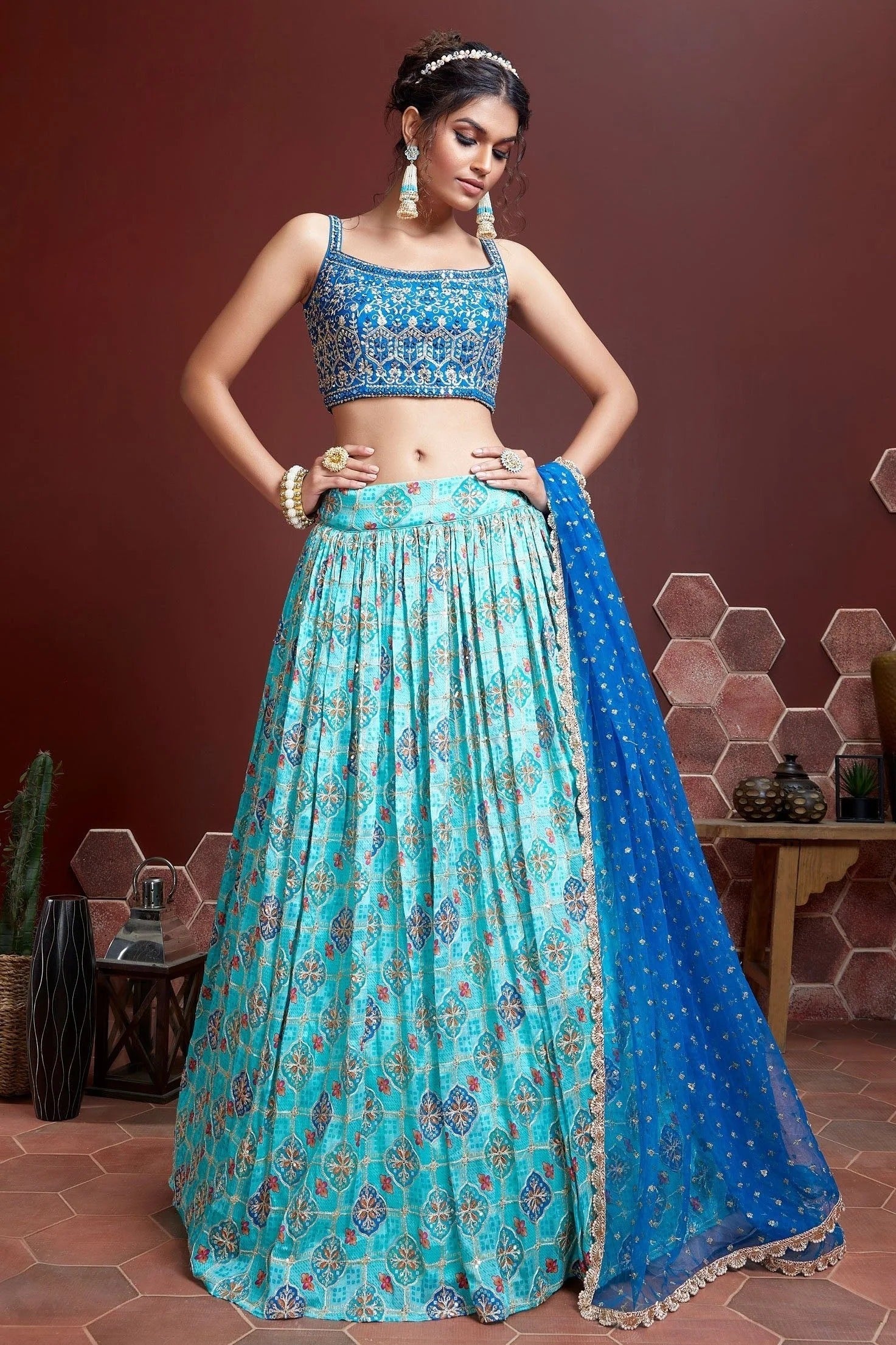 Sky Blue Chinnon Silk Designer Lehenga Choli LC1010164