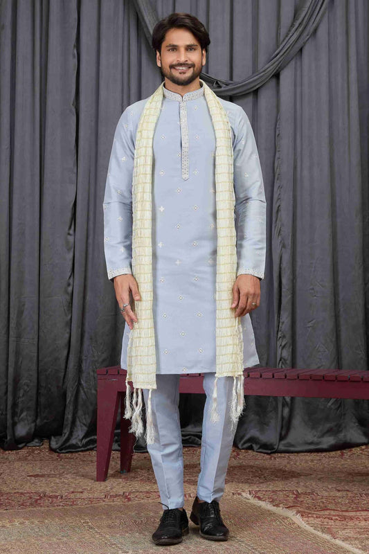 Sky Blue Colour Art Silk Embroidery Work Kurta Pajama With Dupatta