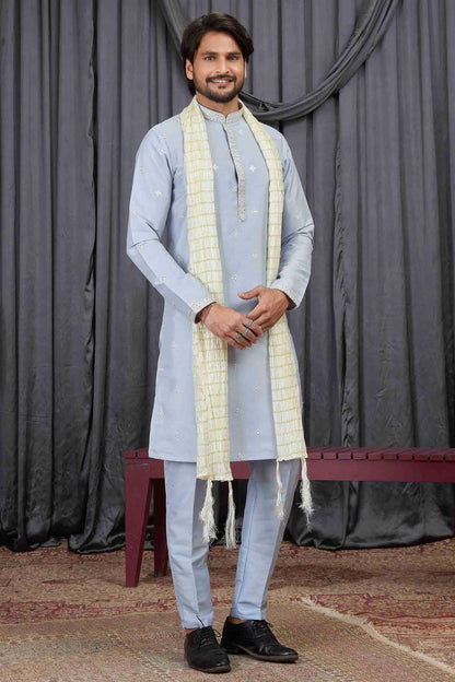 Sky Blue Colour Art Silk Embroidery Work Kurta Pajama With Dupatta
