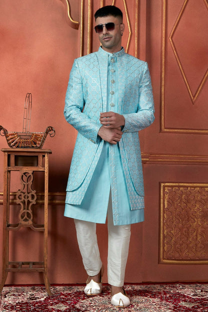 Sky Blue Colour Art Silk Indowestern Sherwani With Aligadhi Pant SH1230085 A