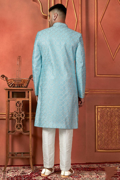 Sky Blue Colour Art Silk Indowestern Sherwani With Aligadhi Pant SH1230085 B