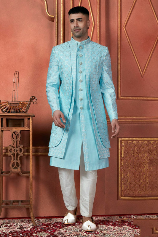 Sky Blue Colour Art Silk Indowestern Sherwani With Aligadhi Pant SH1230085