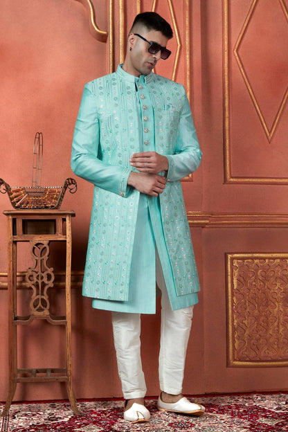 Sky Blue Colour Art Silk Indowestern Sherwani With Aligadhi Pant SH1230092 A